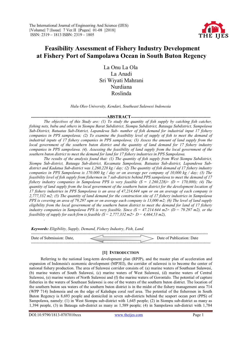 Feasibility Assessment of Fishery Industry Development at Fishery Port of Sampolawa Ocean in South Buton Regency