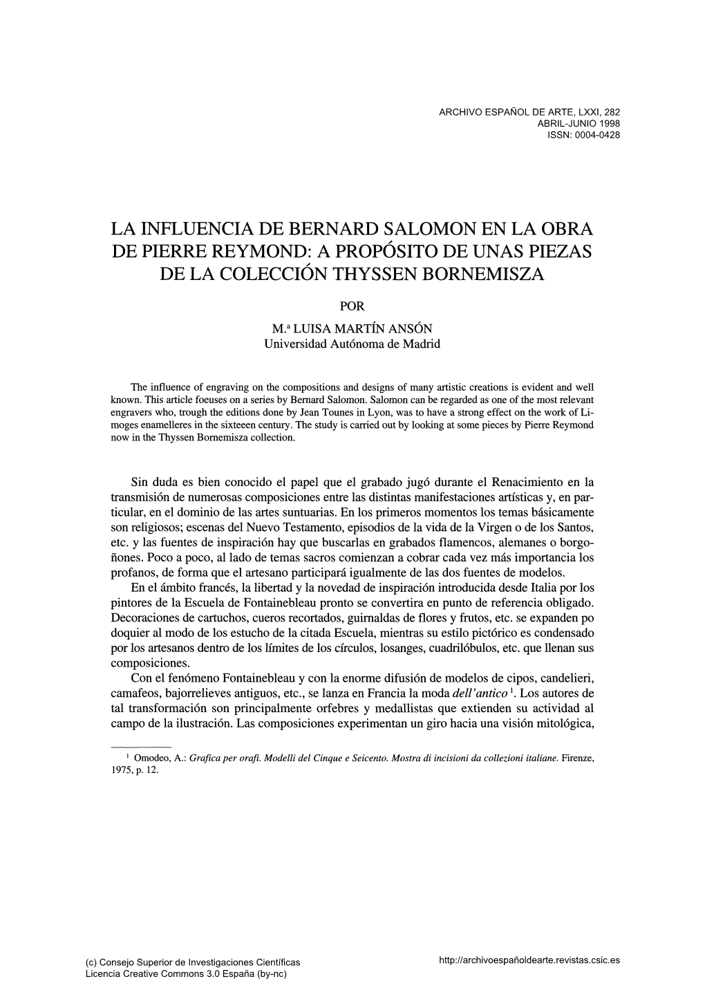 La Influencia De Bernard Salomon En La Obra De Pierre Reymond: a Propósito De Unas Piezas De La Colección Thyssen Bornemisza