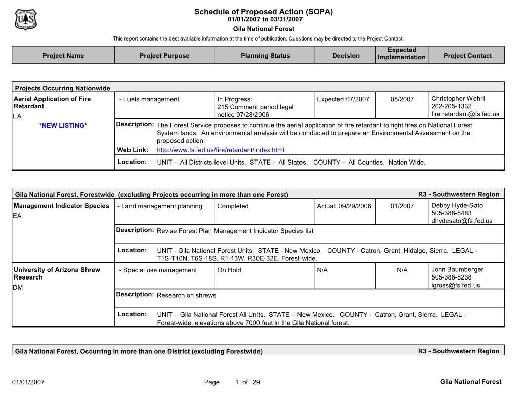 Gila National Forest This Report Contains the Best Available Information at the Time of Publication