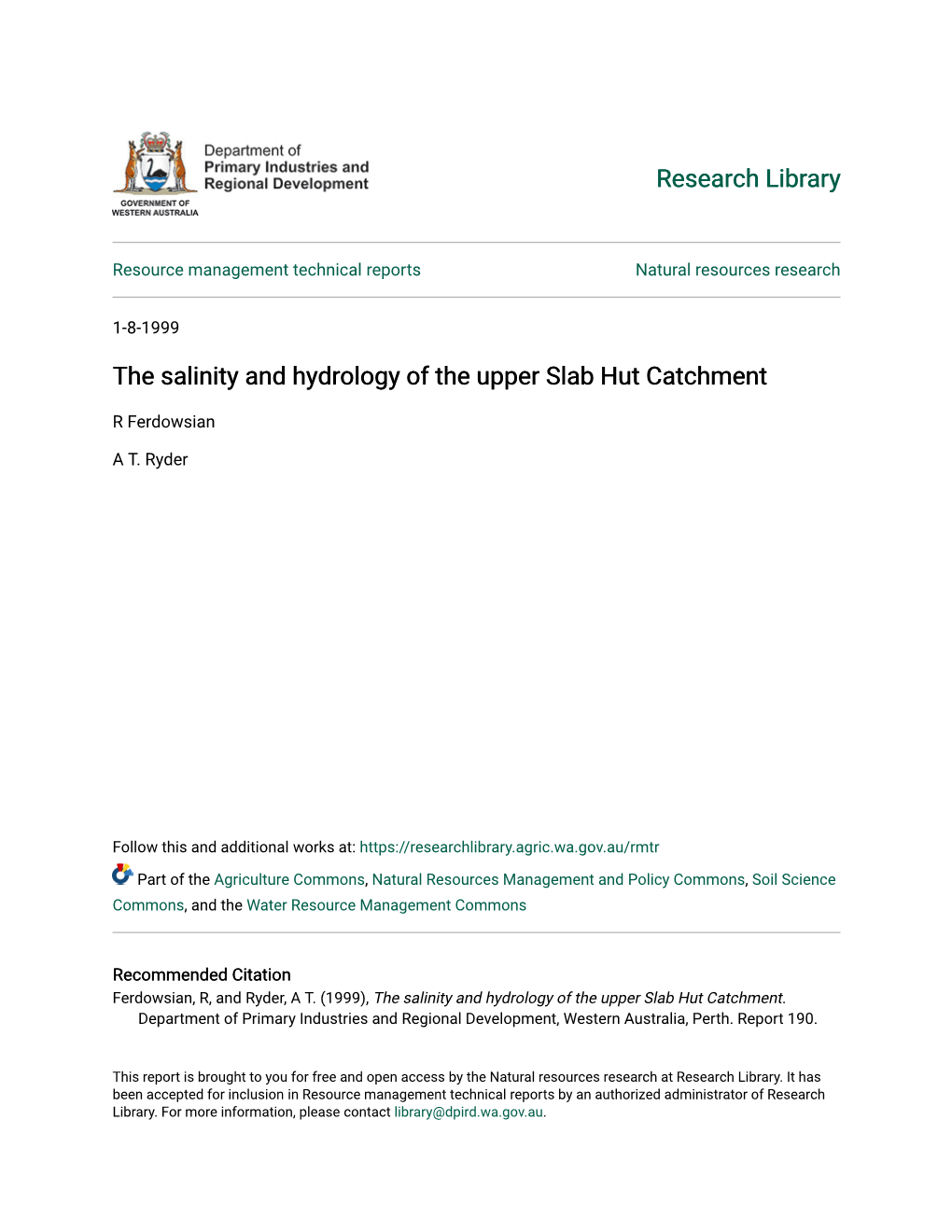 The Salinity and Hydrology of the Upper Slab Hut Catchment