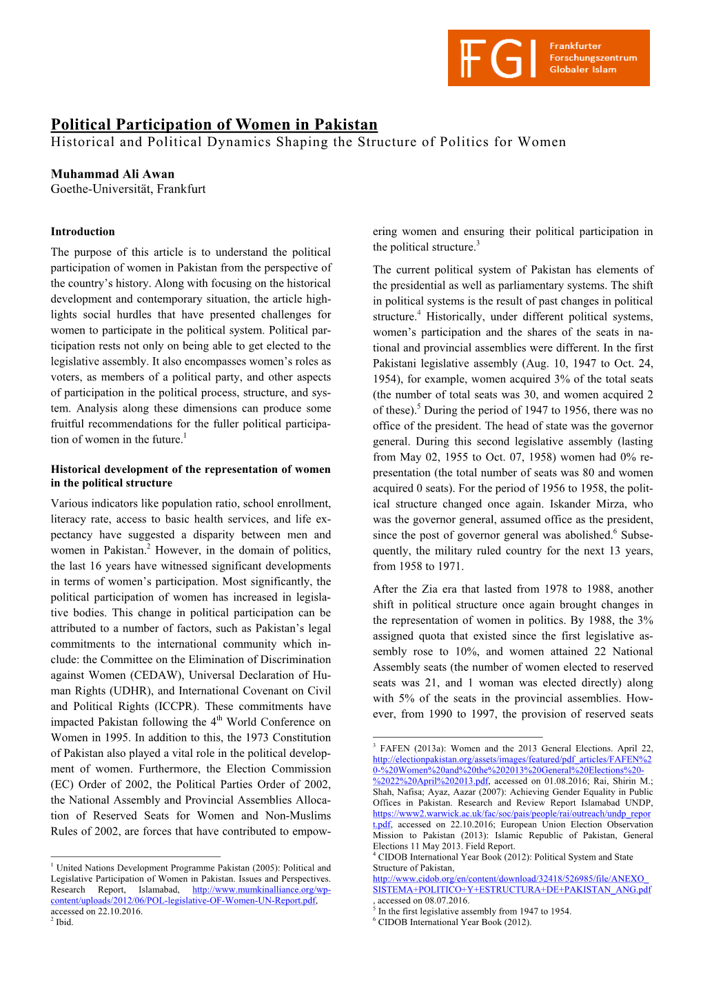 Political Participation of Women in Pakistan Historical and Political Dynamics Shaping the Structure of Politics for Women