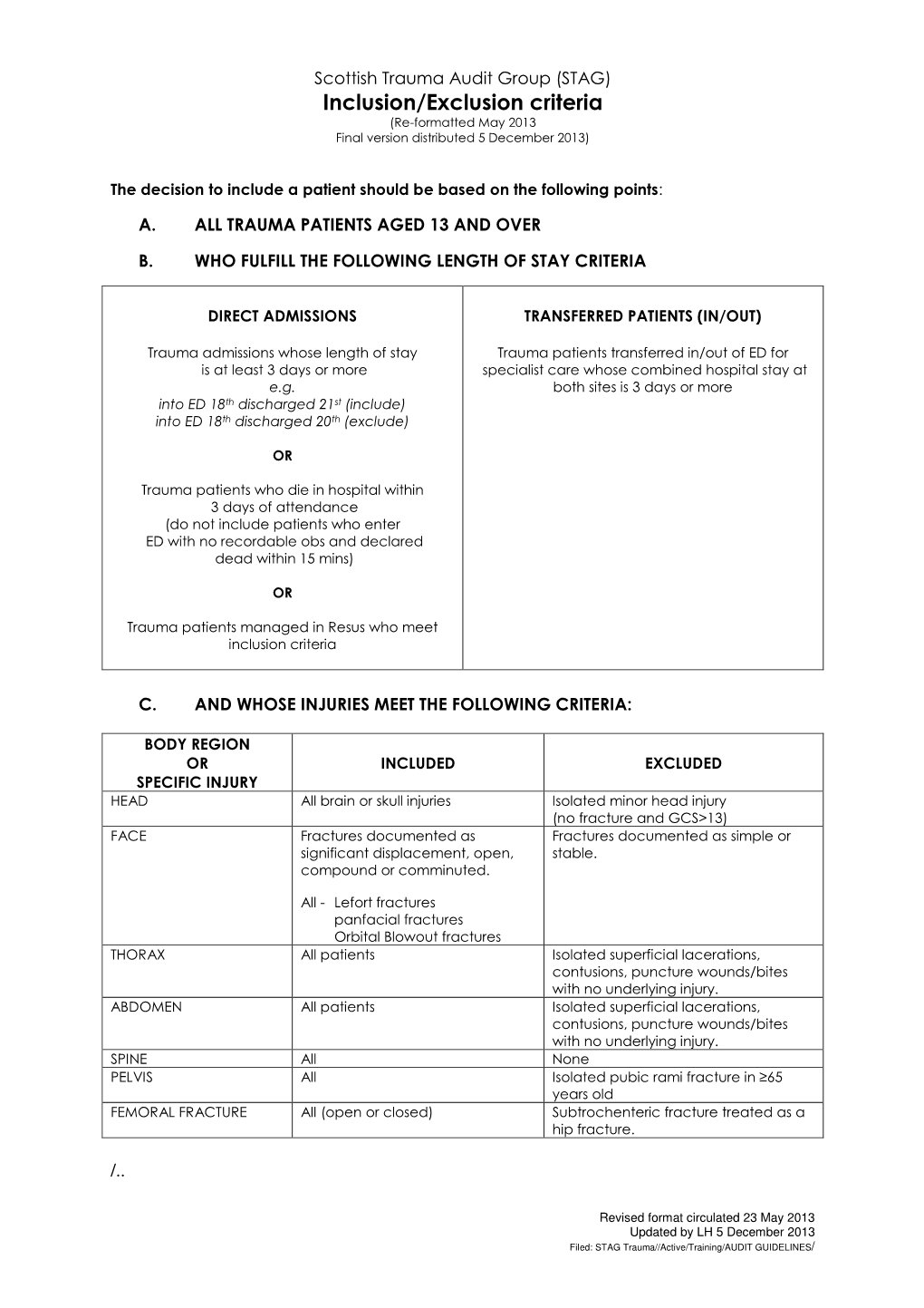 Inclusion/Exclusion Criteria (Re-Formatted May 2013 Final Version Distributed 5 December 2013)