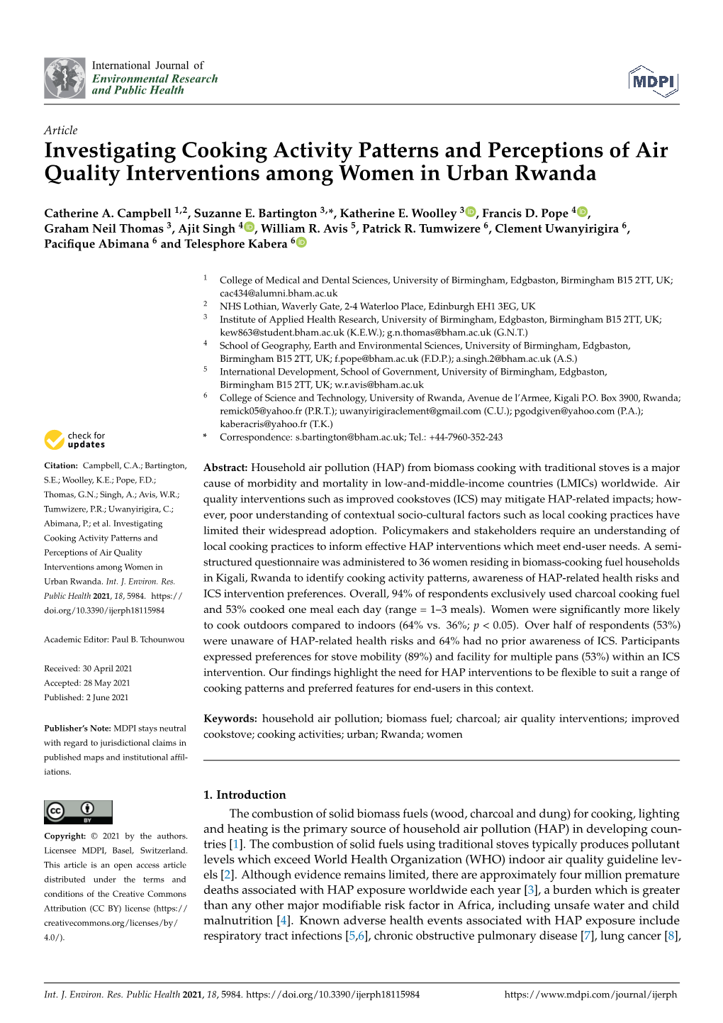 Investigating Cooking Activity Patterns and Perceptions of Air Quality Interventions Among Women in Urban Rwanda