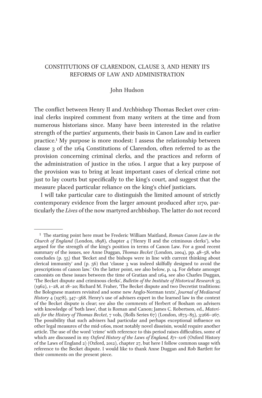 Constitutions of Clarendon, Clause 3, and Henry Ii's Reforms of Law And