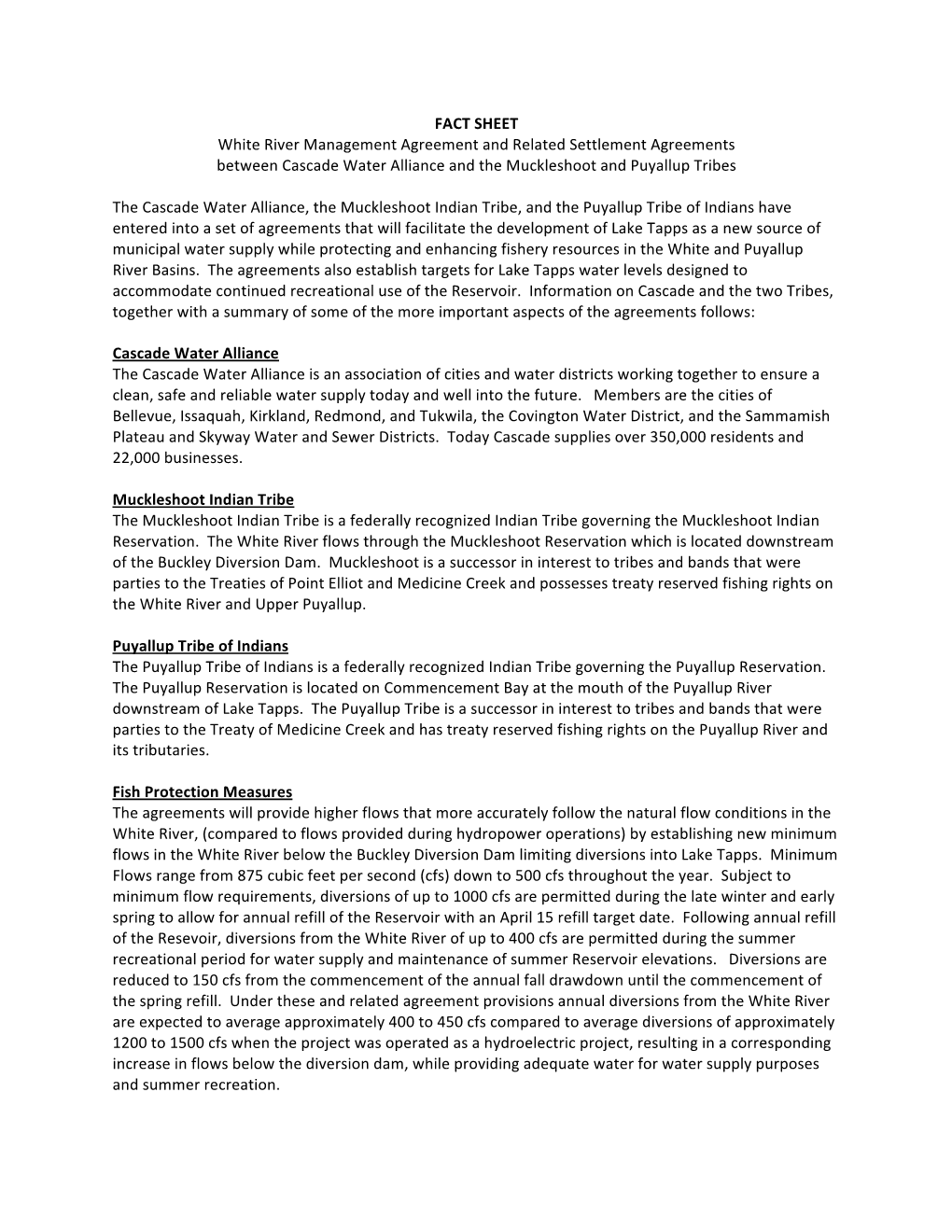 FACT SHEET White River Management Agreement and Related Settlement Agreements Between Cascade Water Alliance and the Muckleshoot and Puyallup Tribes