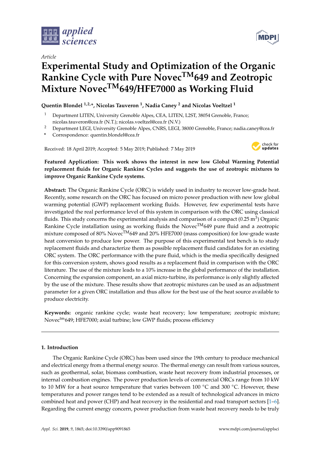 Experimental Study and Optimization of the Organic Rankine Cycle with Pure Novectm649 and Zeotropic Mixture Novectm649/HFE7000 As Working Fluid