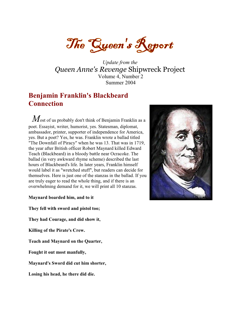 Queen Anne's Revenge Shipwreck Project Benjamin Franklin's