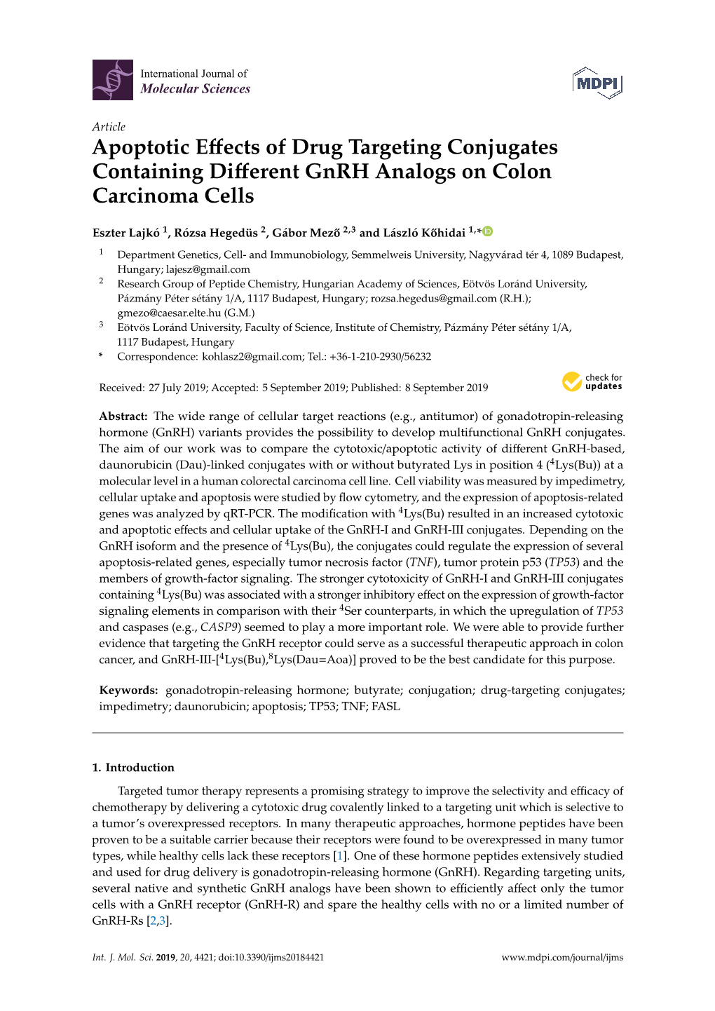 Apoptotic Effects of Drug Targeting Conjugates Containing Different Gnrh Analogs on Colon Carcinoma Cells