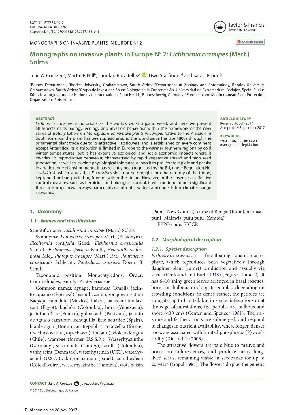 Monographs on Invasive Plants in Europe N°2:Eichhornia Crassipes