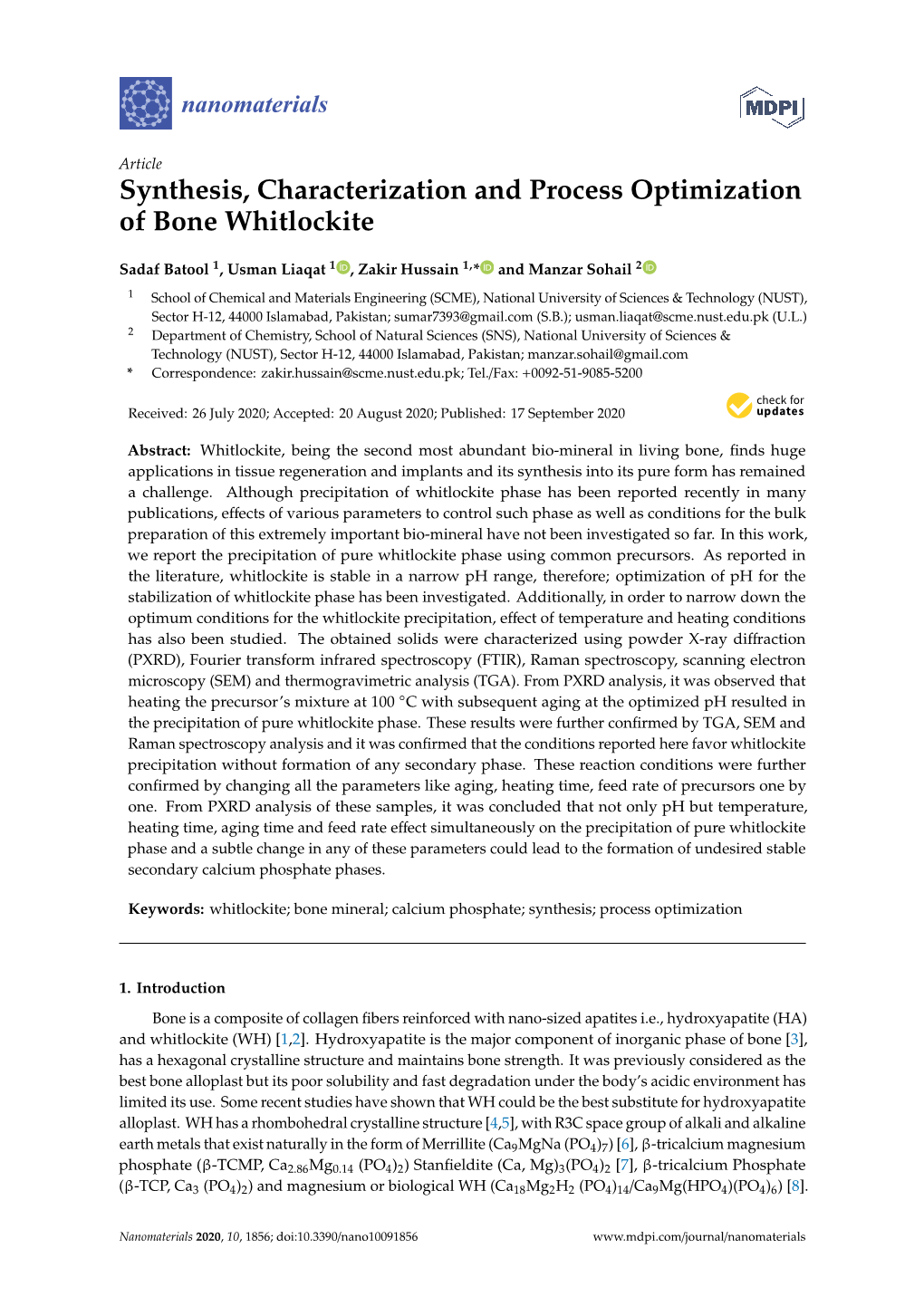 Synthesis, Characterization and Process Optimization of Bone Whitlockite