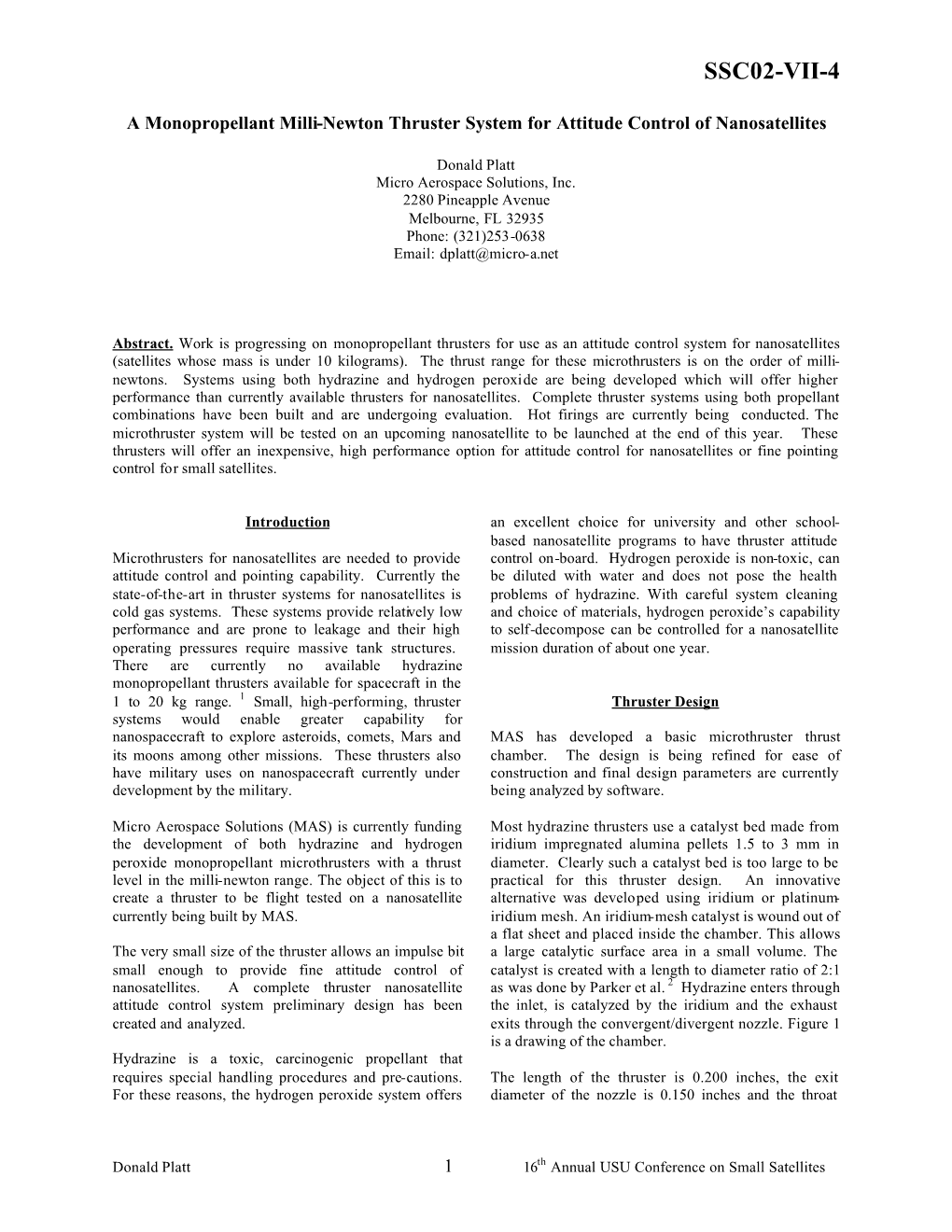 A Monopropellant Milli-Newton Thruster System for Attitude Control of Nanosatellites