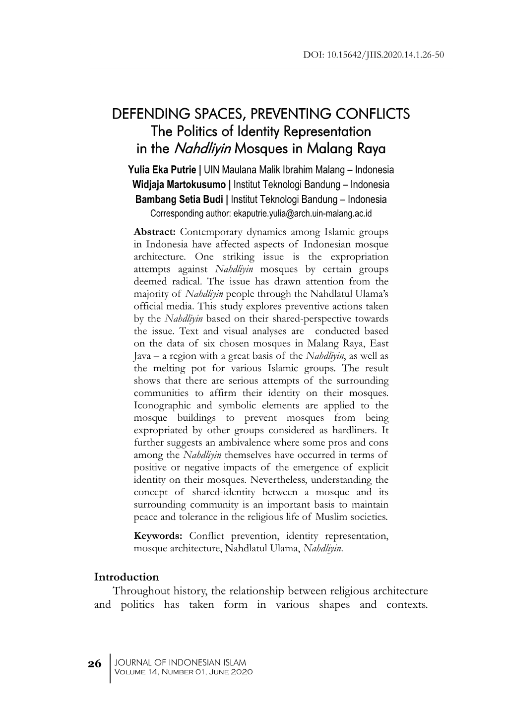 DEFENDING SPACES, PREVENTING CONFLICTS the Politics of Identity Representation in the Nahdliyin Mosques in Malang Raya