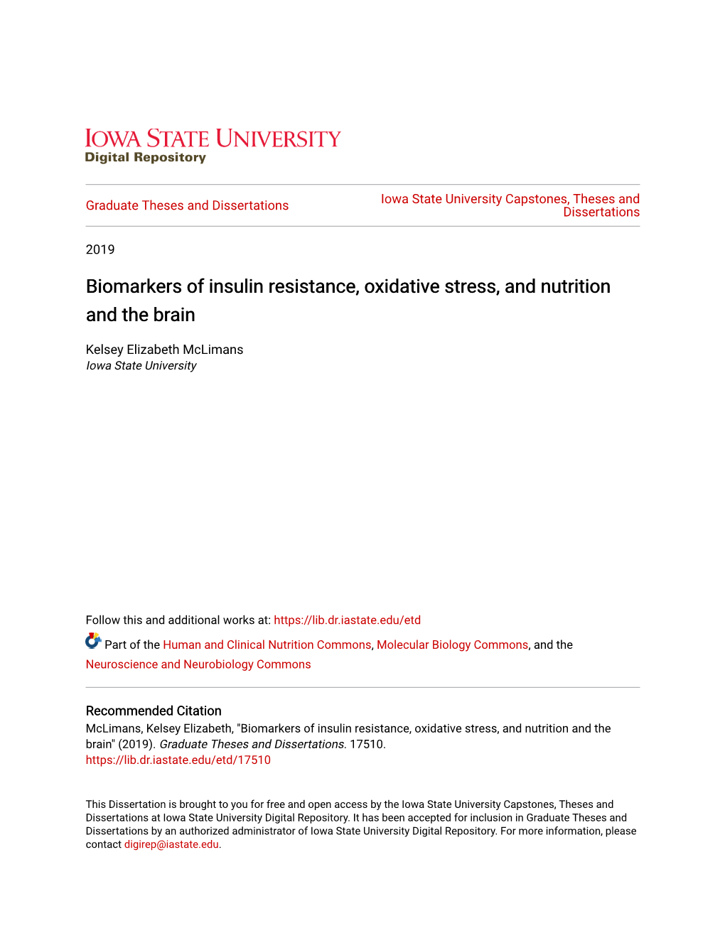 Biomarkers of Insulin Resistance, Oxidative Stress, and Nutrition and the Brain