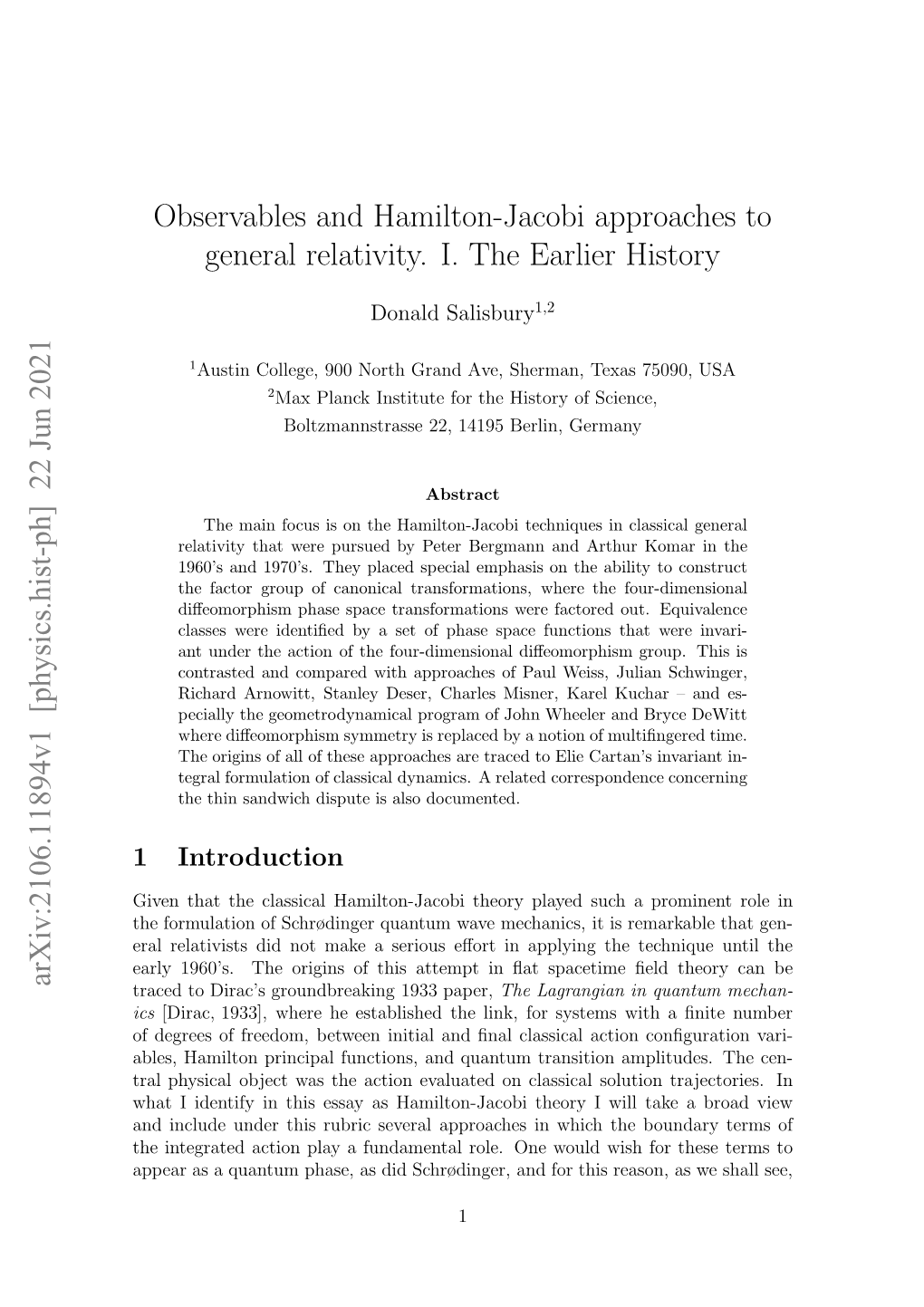 Observables and Hamilton-Jacobi Approaches to General Relativity. I