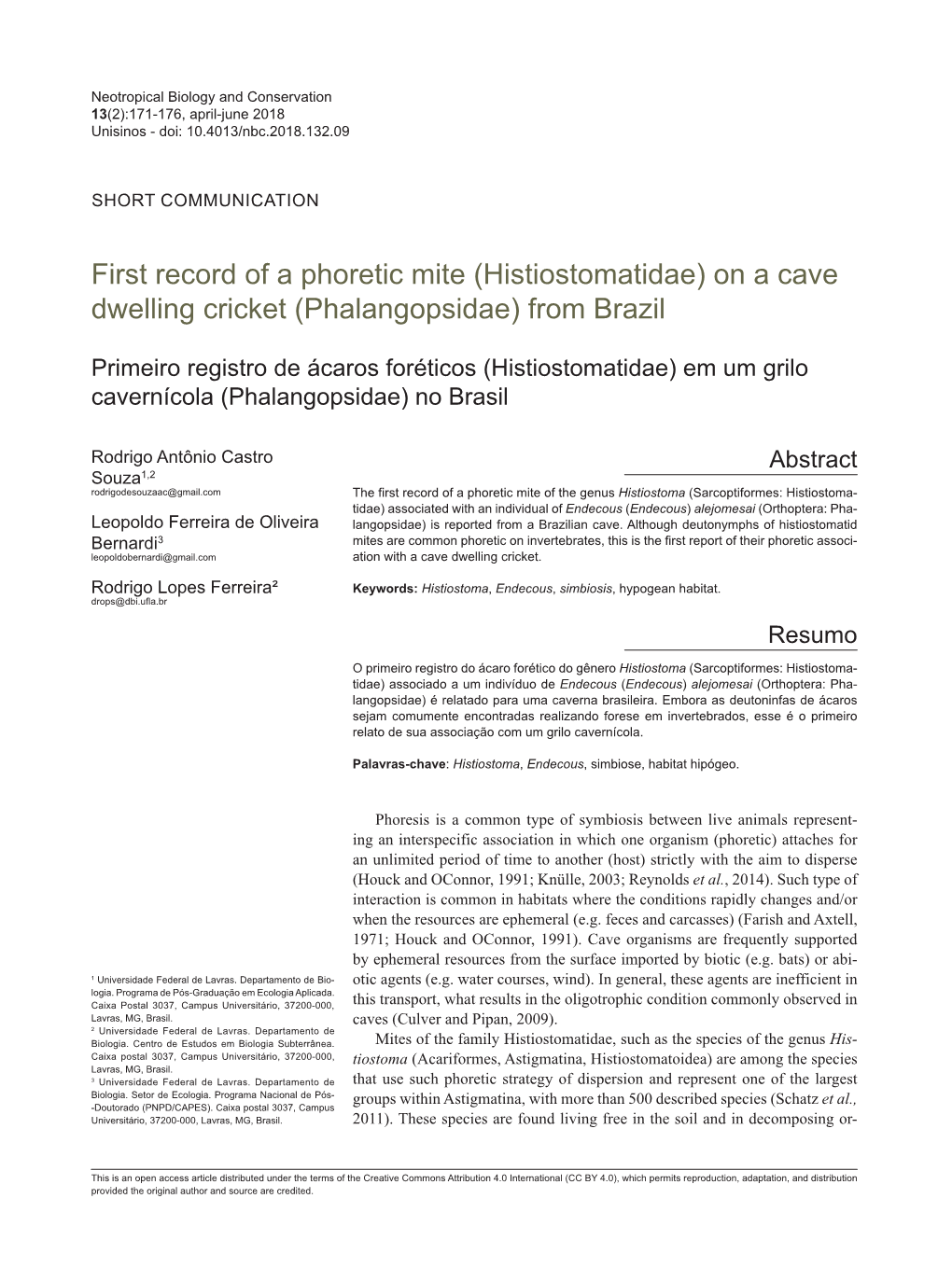 First Record of a Phoretic Mite (Histiostomatidae) on a Cave Dwelling Cricket (Phalangopsidae) from Brazil