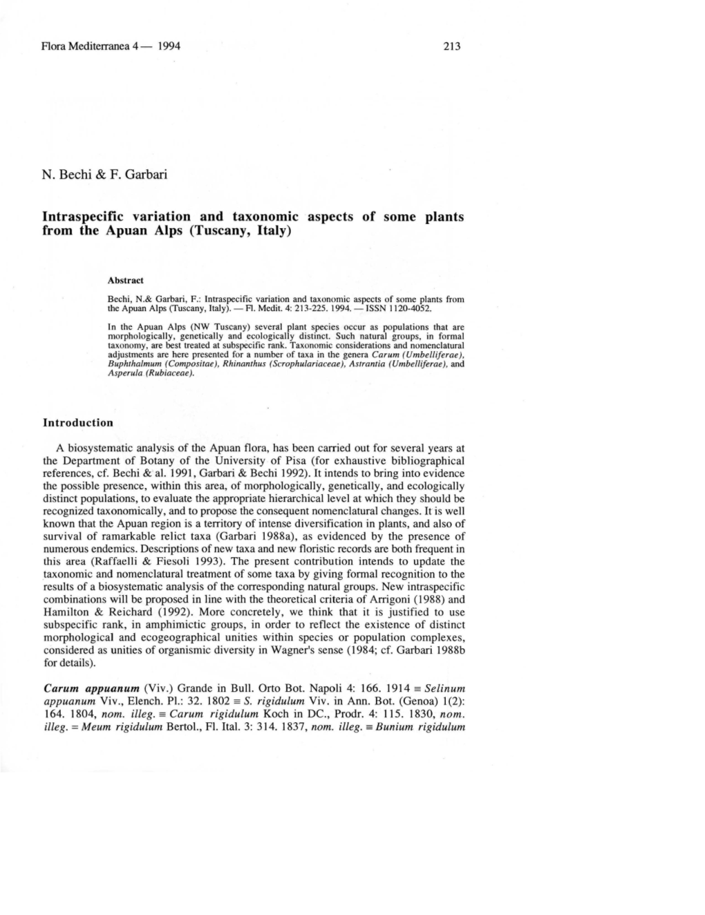 Intraspecific Variation and Taxonomic Aspects of Some Plants from the Apuan Alps (Tuscany, Italy)