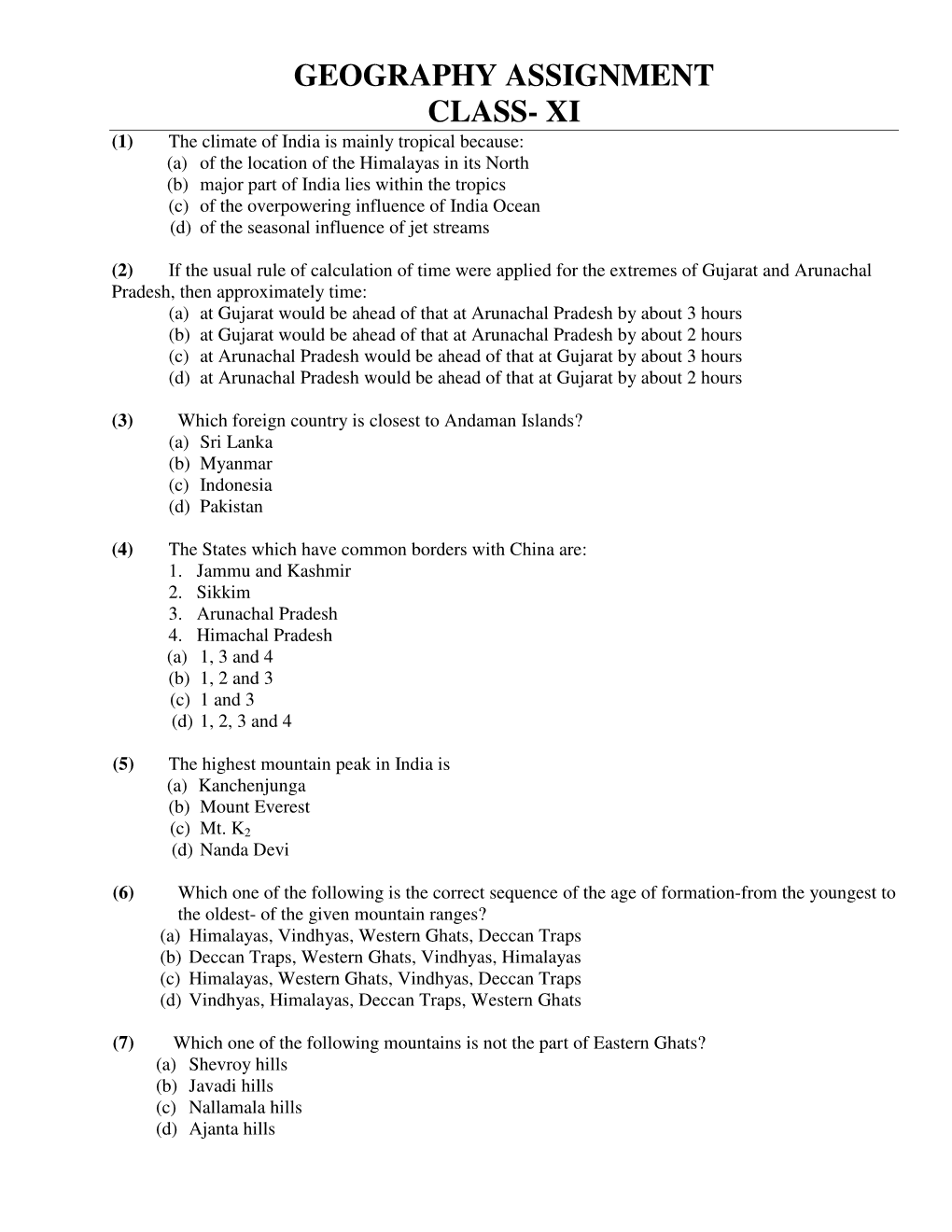 Geography Assignment Class- Xi