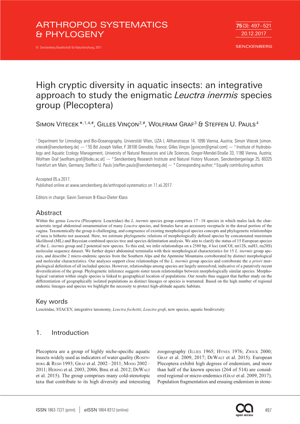 High Cryptic Diversity in Aquatic Insects: an Integrative Approach to Study the Enigmatic Leuctra Inermis Species Group (Plecoptera)