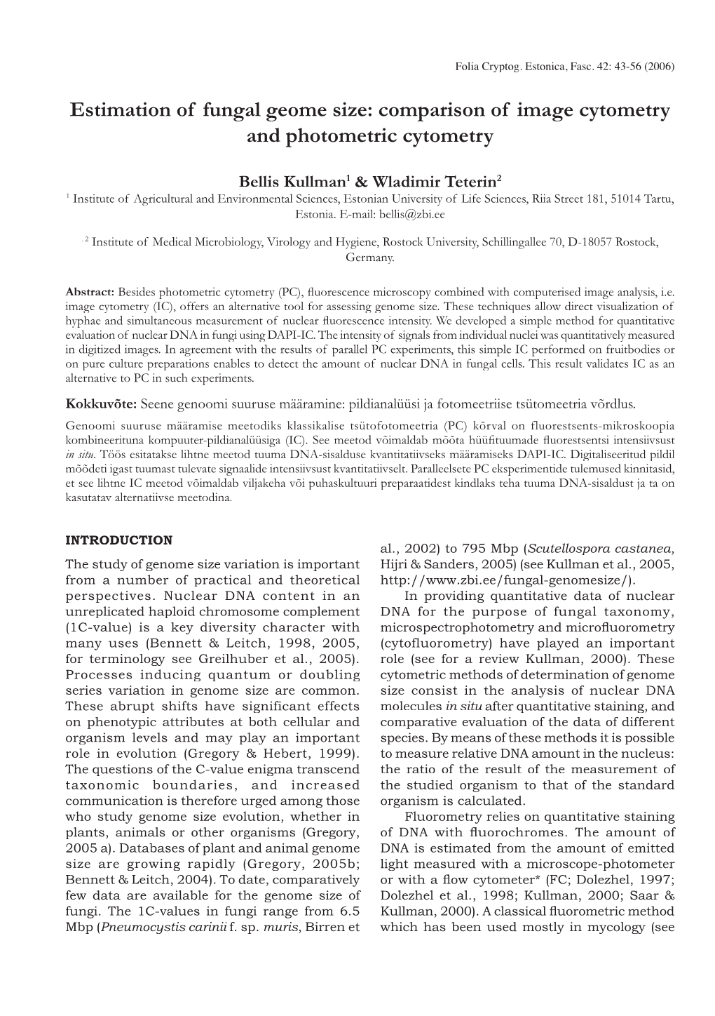 Estimation of Fungal Geome Size: Comparison of Image Cytometry and Photometric Cytometry