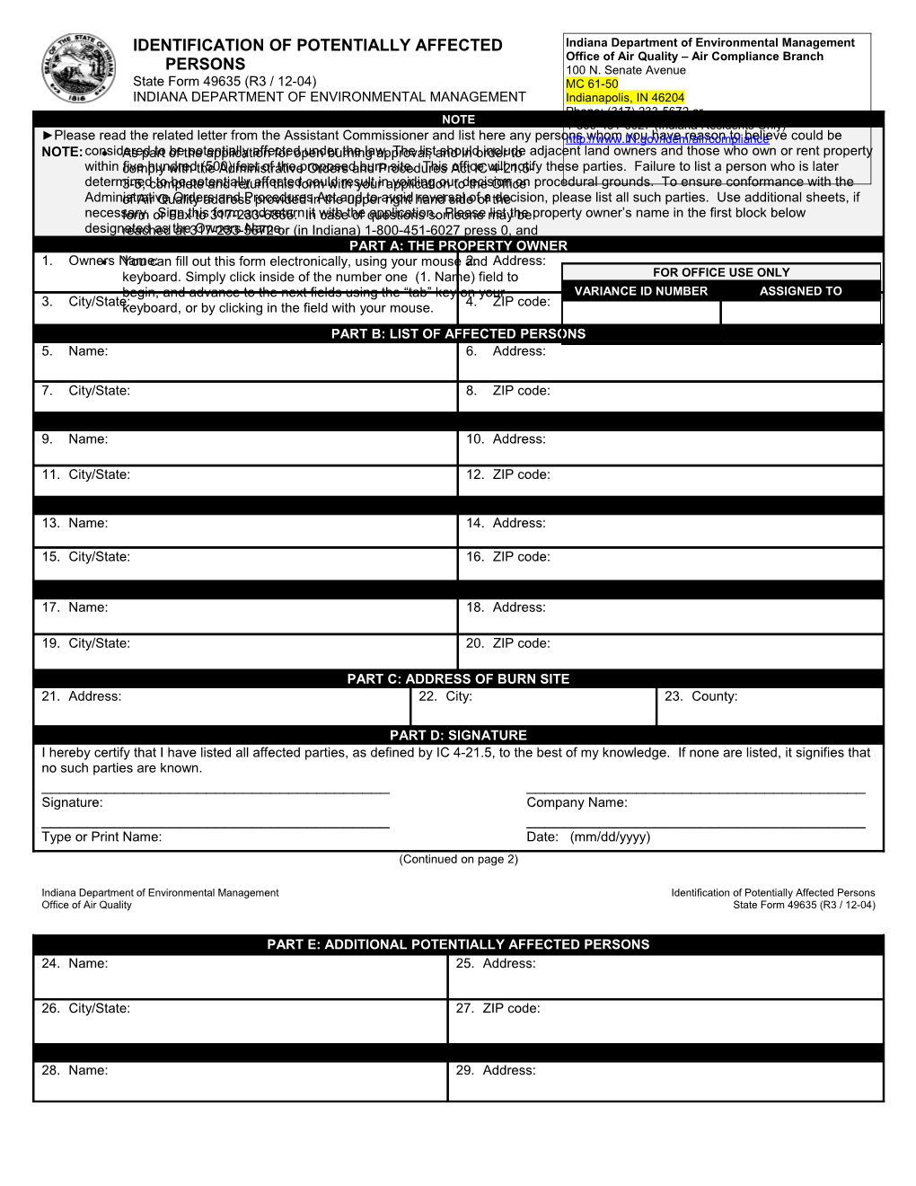 Indiana Department of Environmental Management Office of Air Quality Air Compliance Branch