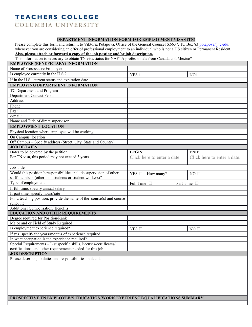 Department Information Form for Employment Visas (TN)