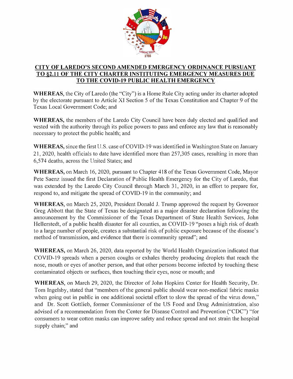 Amended Emergency Ordinance Pursuant to §2.11 of the City Charter Instituting Emergency Measures Due to the Covid-19 Public Health Emergency