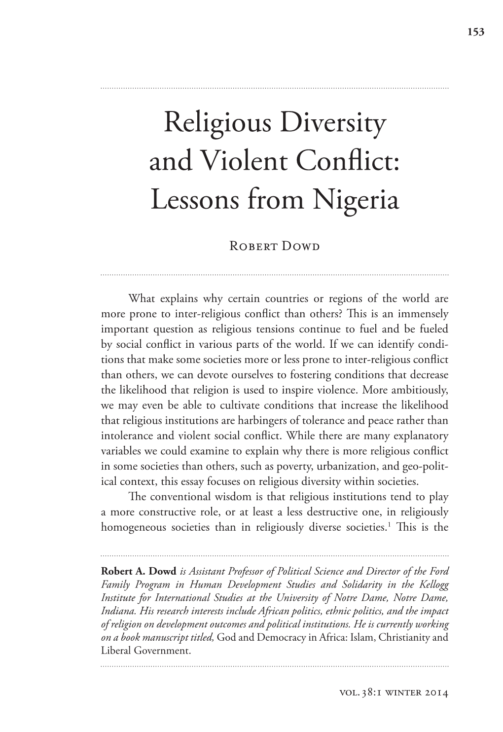 Religious Diversity and Violent Conflict: Lessons from Nigeria