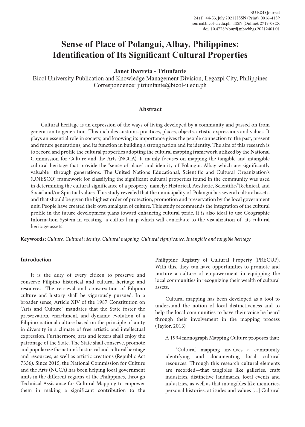 Sense of Place of Polangui, Albay, Philippines: Identification of Its Significant Cultural Properties