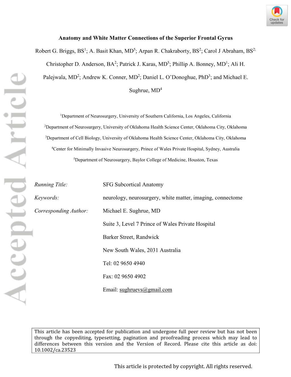 Anatomy and White Matter Connections of the Superior Frontal Gyrus