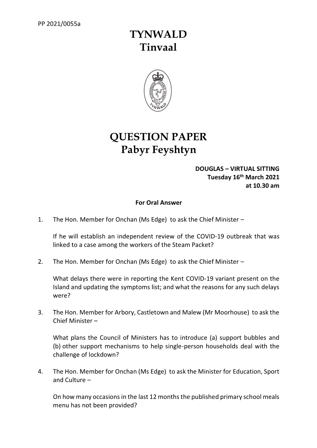 Tynwald Court Question Paper