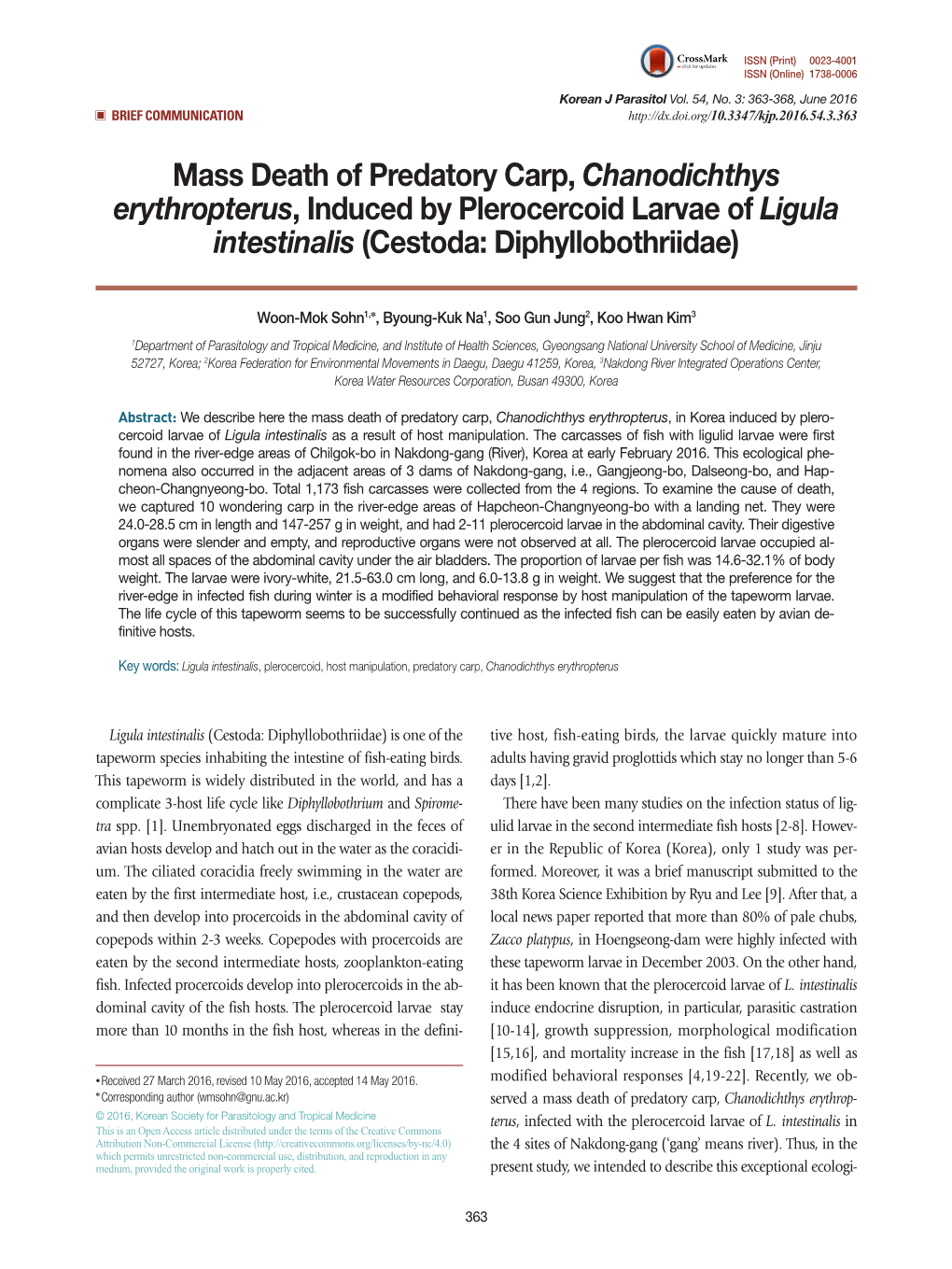 Mass Death of Predatory Carp, Chanodichthys Erythropterus, Induced by Plerocercoid Larvae of Ligula Intestinalis (Cestoda: Diphyllobothriidae)