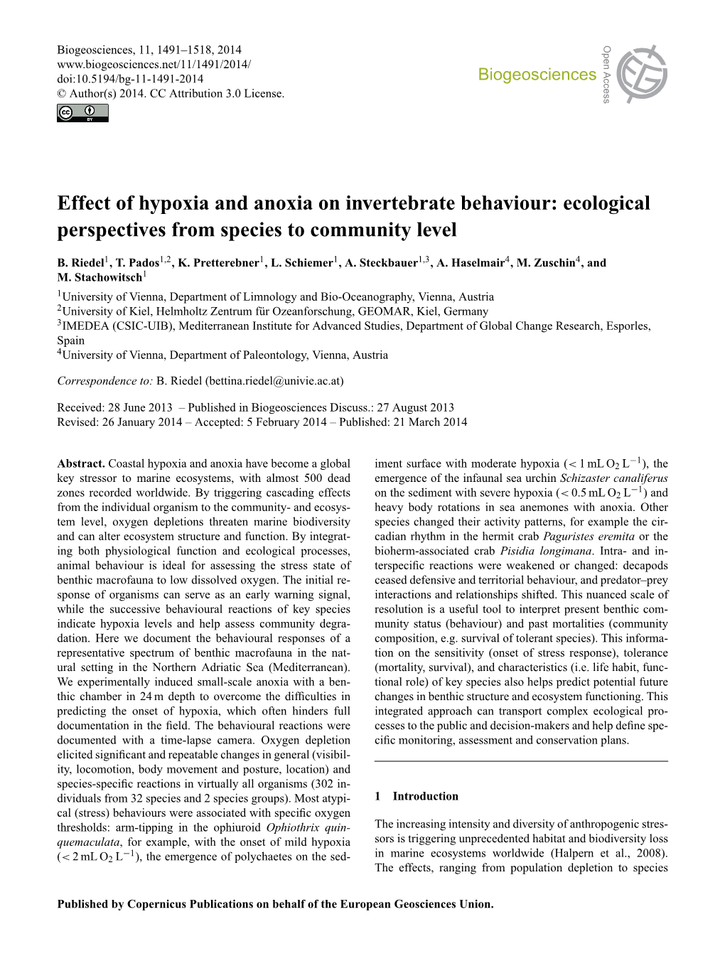 Effect of Hypoxia and Anoxia on Invertebrate Behaviour: Ecological Perspectives from Species to Community Level