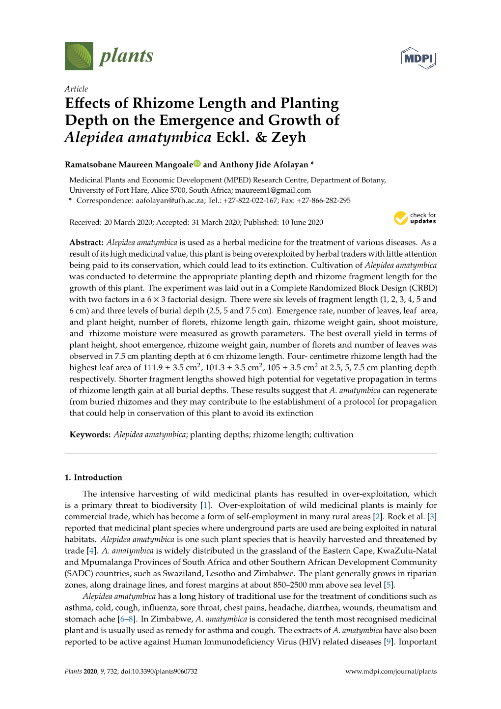 Effects of Rhizome Length and Planting Depth on the Emergence