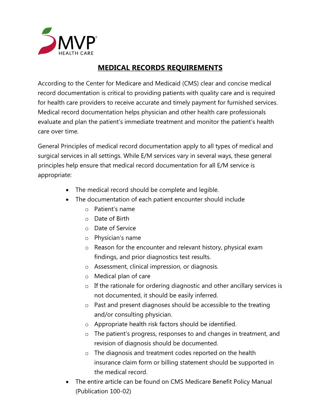 Medical Records Requirements