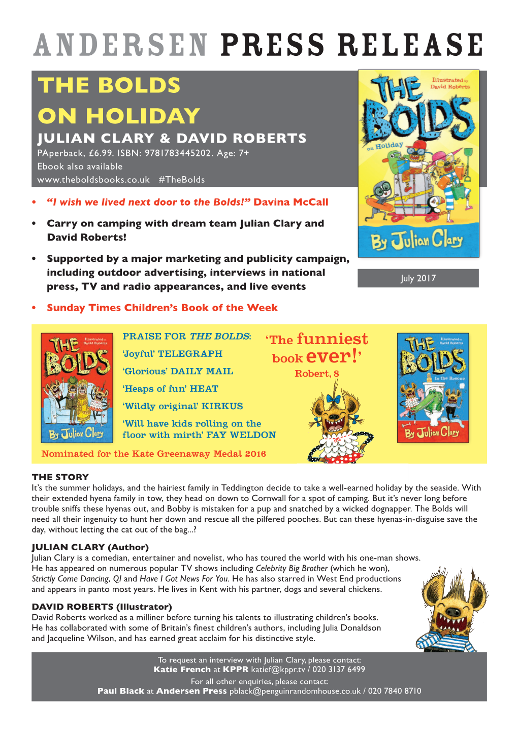 ANDERSEN PRESS RELEASE the BOLDS on HOLIDAY JULIAN CLARY & DAVID ROBERTS Paperback, £6.99