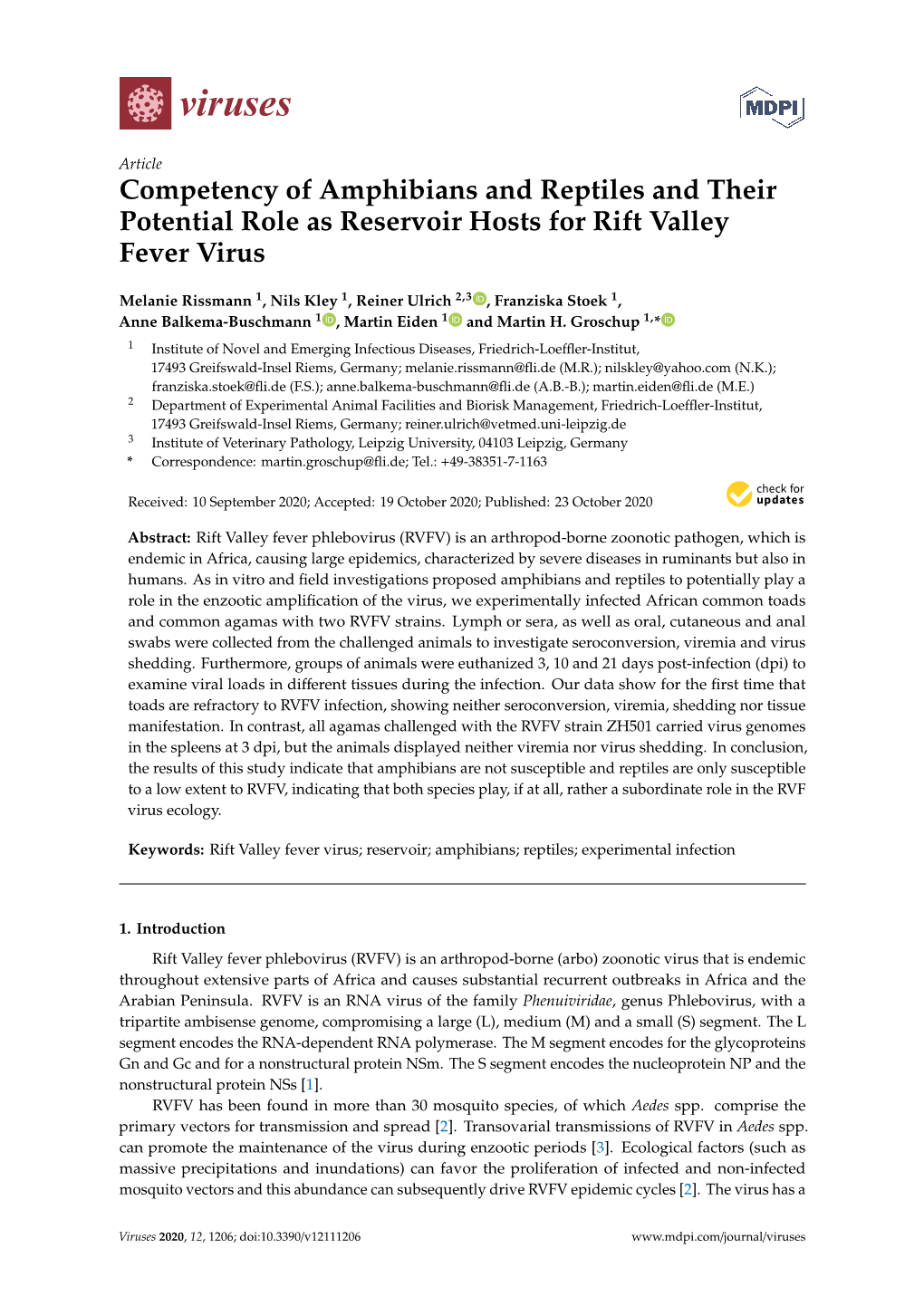 Competency of Amphibians and Reptiles and Their Potential Role As Reservoir Hosts for Rift Valley Fever Virus