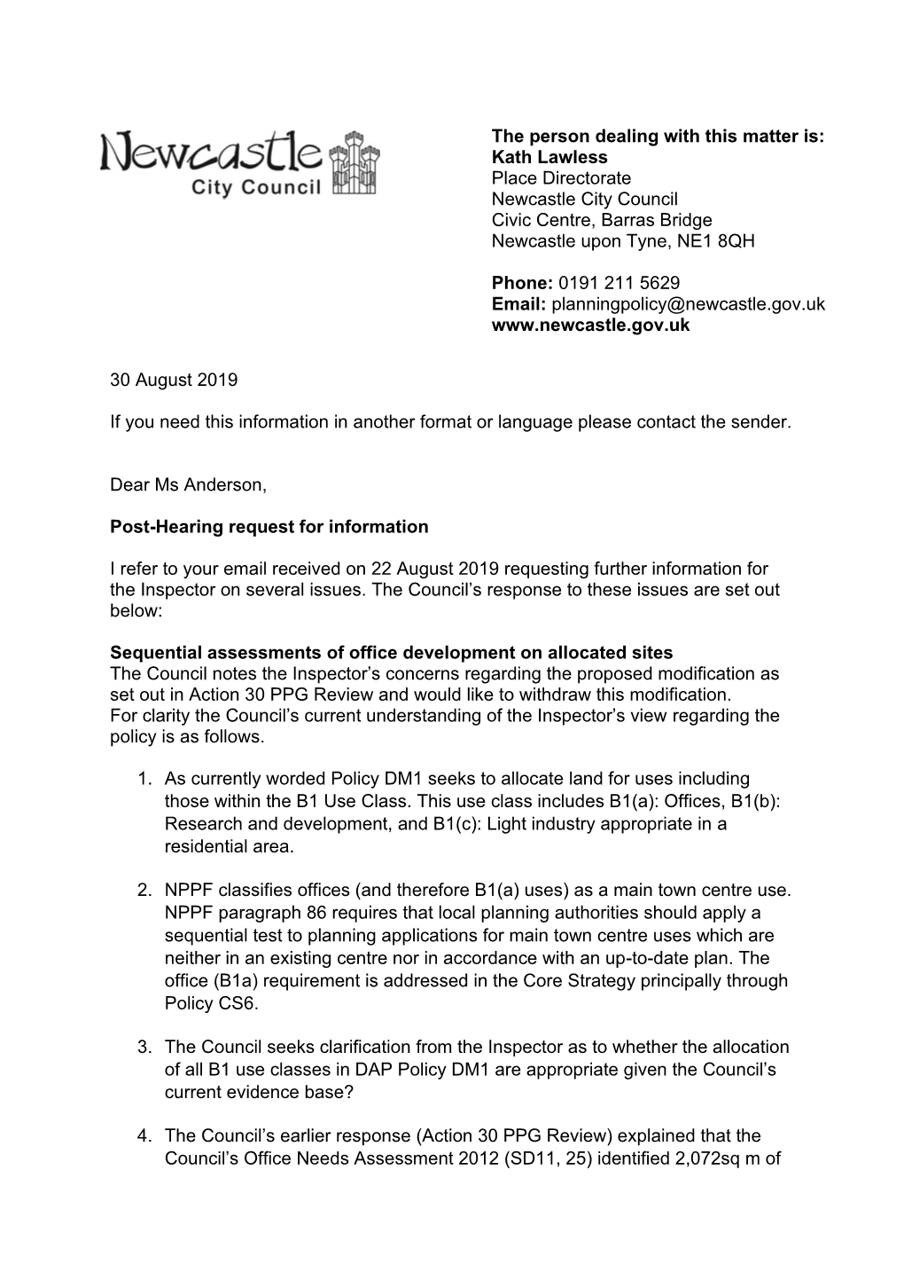 Council Post Hearing Information Letter