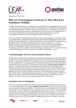 Pressemitteilung: PRG LEA Am 11. März 2014 in Der Frankfurter Festhalle