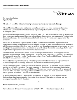 Government of Alberta News Release for Immediate Release April 3