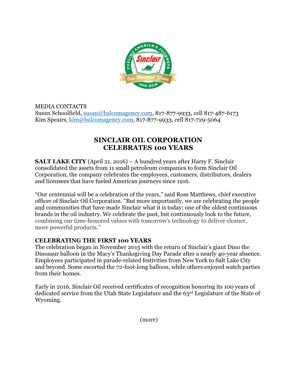 Sinclair Oil Corporation Celebrates 100 Years