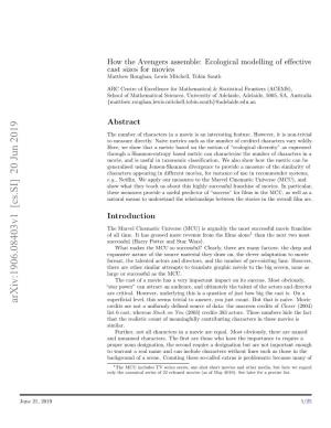 How the Avengers Assemble: Ecological Modelling of Effective Cast Sizes for Movies Matthew Roughan, Lewis Mitchell, Tobin South