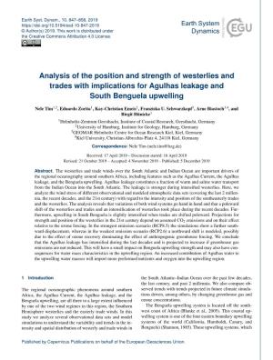 Analysis of the Position and Strength of Westerlies and Trades with Implications for Agulhas Leakage and South Benguela Upwelling