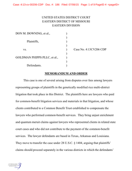 UNITED STATES DISTRICT COURT EASTERN DISTRICT of MISSOURI EASTERN DIVISION DON M. DOWNING, Et Al., ) ) Plaintiffs, ) )