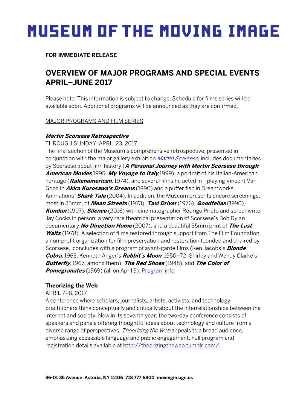 Overview of Major Programs and Special Events April–June 2017