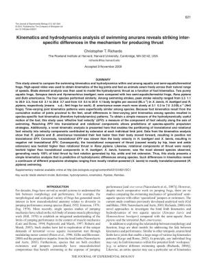 Kinematics and Hydrodynamics Analysis of Swimming Anurans Reveals Striking Inter- Specific Differences in the Mechanism for Producing Thrust