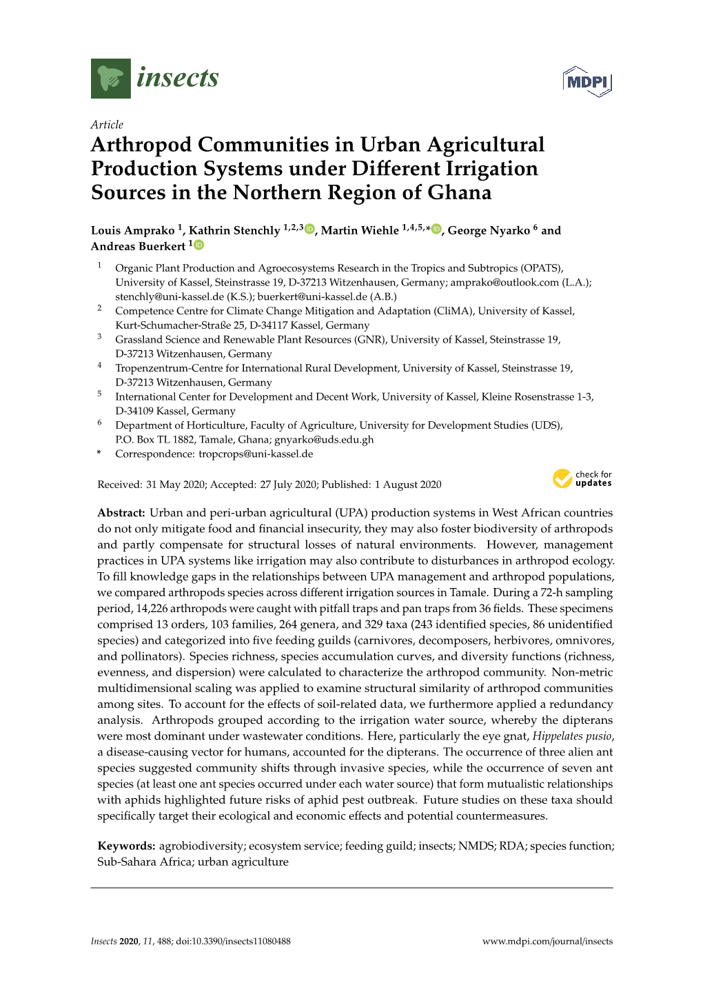 Arthropod Communities in Urban Agricultural Production Systems Under Diﬀerent Irrigation Sources in the Northern Region of Ghana