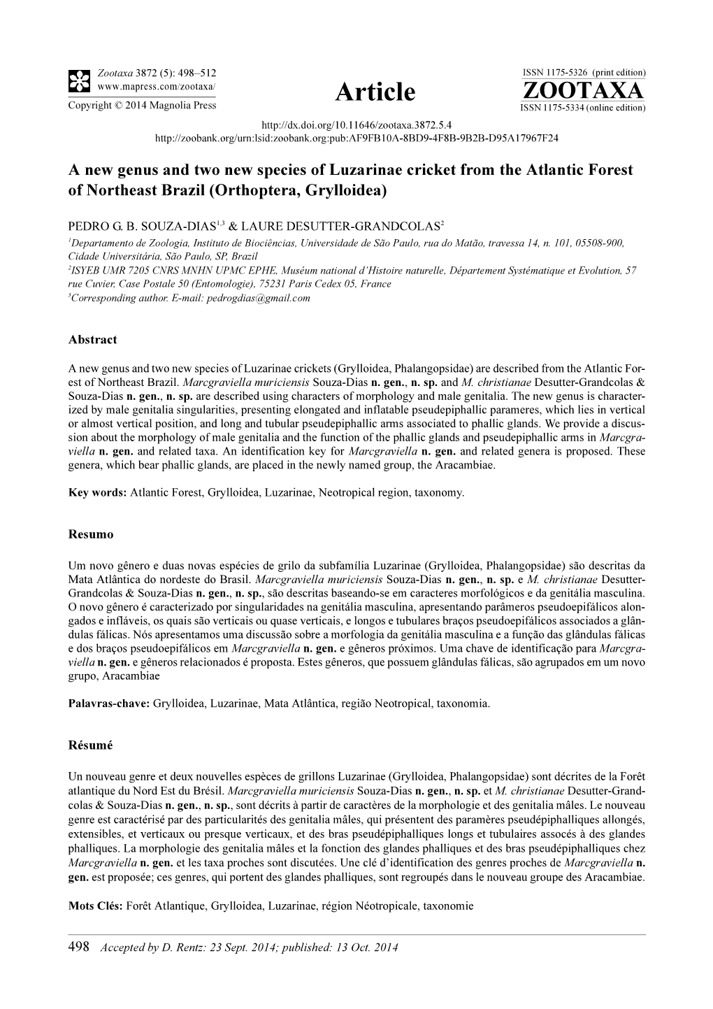 A New Genus and Two New Species of Luzarinae Cricket from the Atlantic Forest of Northeast Brazil (Orthoptera, Grylloidea)