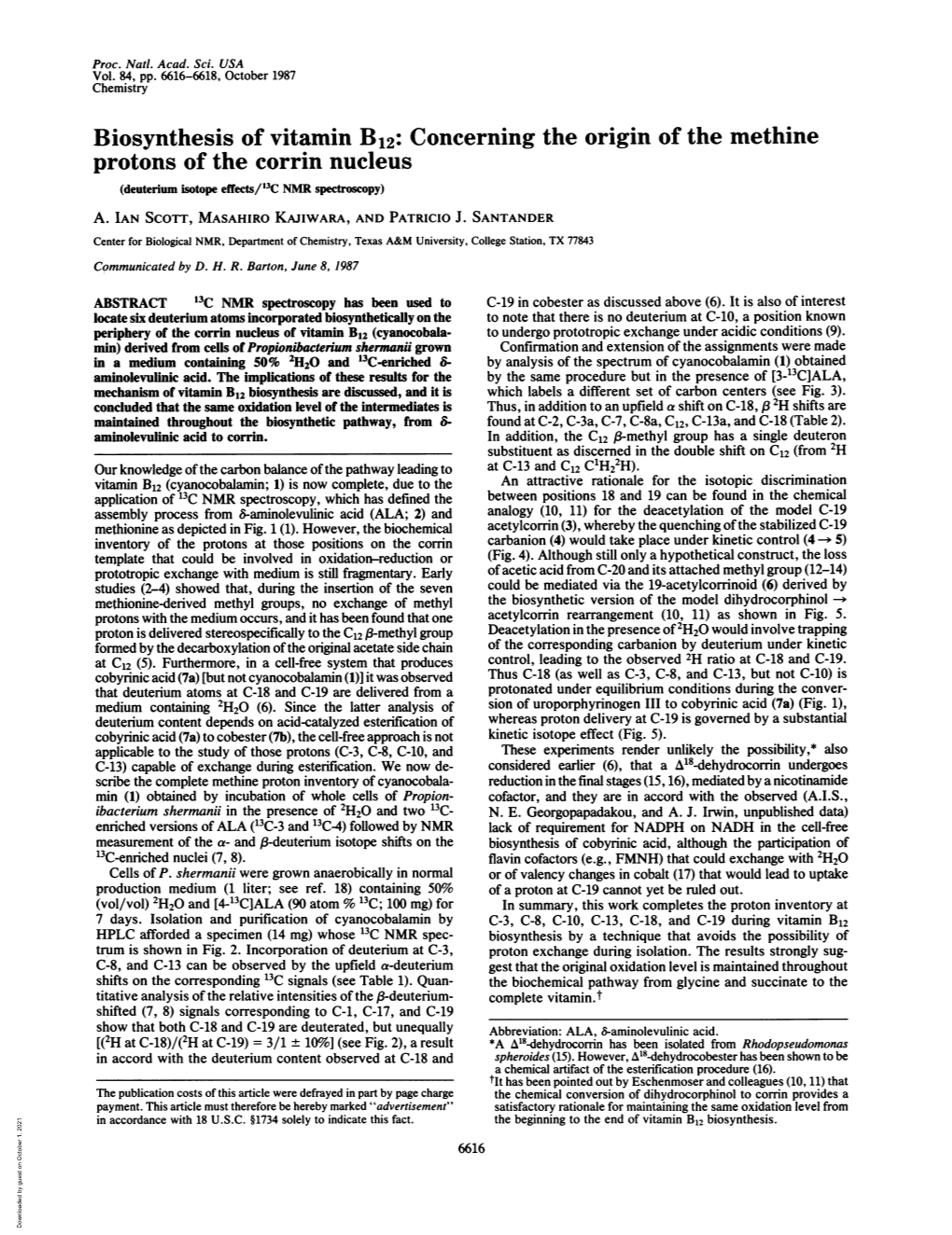 Biosynthesis of Vitamin B12: Concerning the Origin of the Methine Protons of the Corrin Nucleus (Deuterium Isotope Effects/'3C NMR Spectroscopy) A