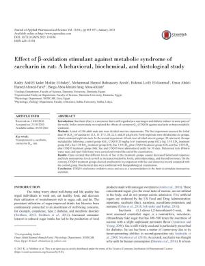 Effect of Β-Oxidation Stimulant Against Metabolic Syndrome of Saccharin in Rat: a Behavioral, Biochemical, and Histological Study