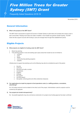 Five Million Trees for Greater Sydney (5MT) Grant Frequently Asked Questions 2018-19